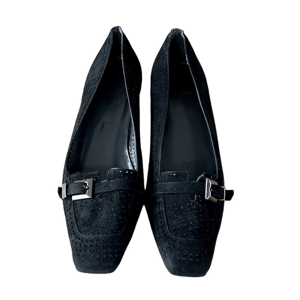 90s Stuart Weitzman Black Perforated Suede Kitten Heels, Size 7.5 Made in Spain - Picture 2 of 14